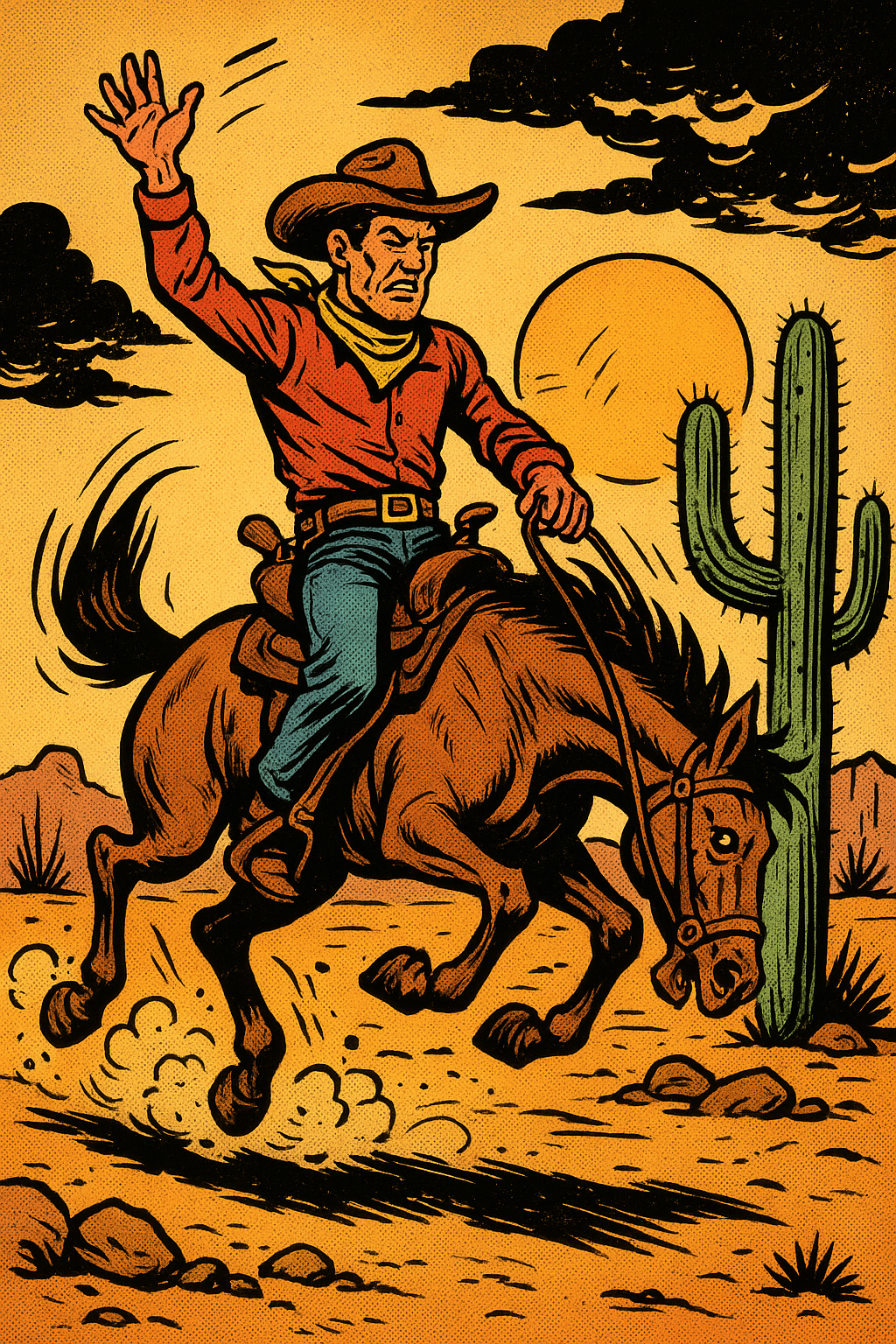 A man on a bucking bronco